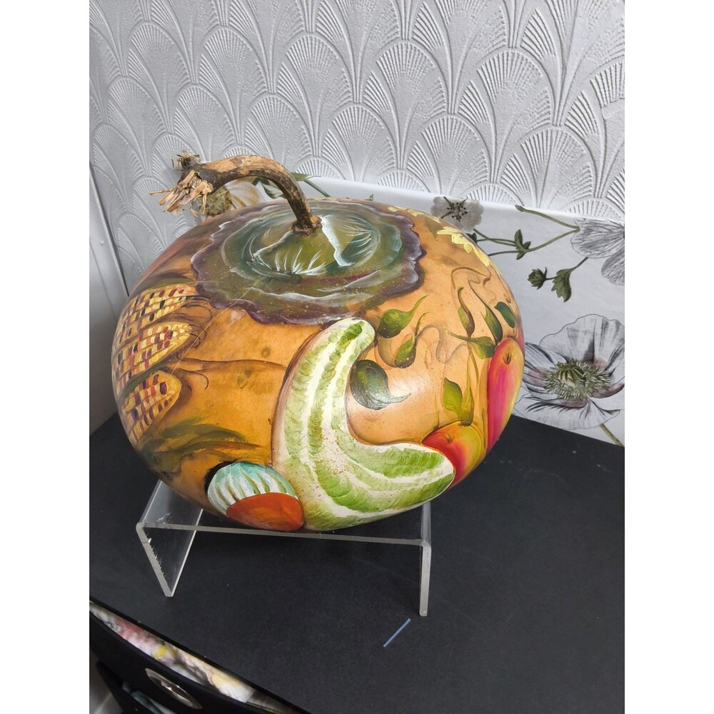 Hand-Painted Decorative Art Gourd with Autumn Sunflowers and Pumpkins